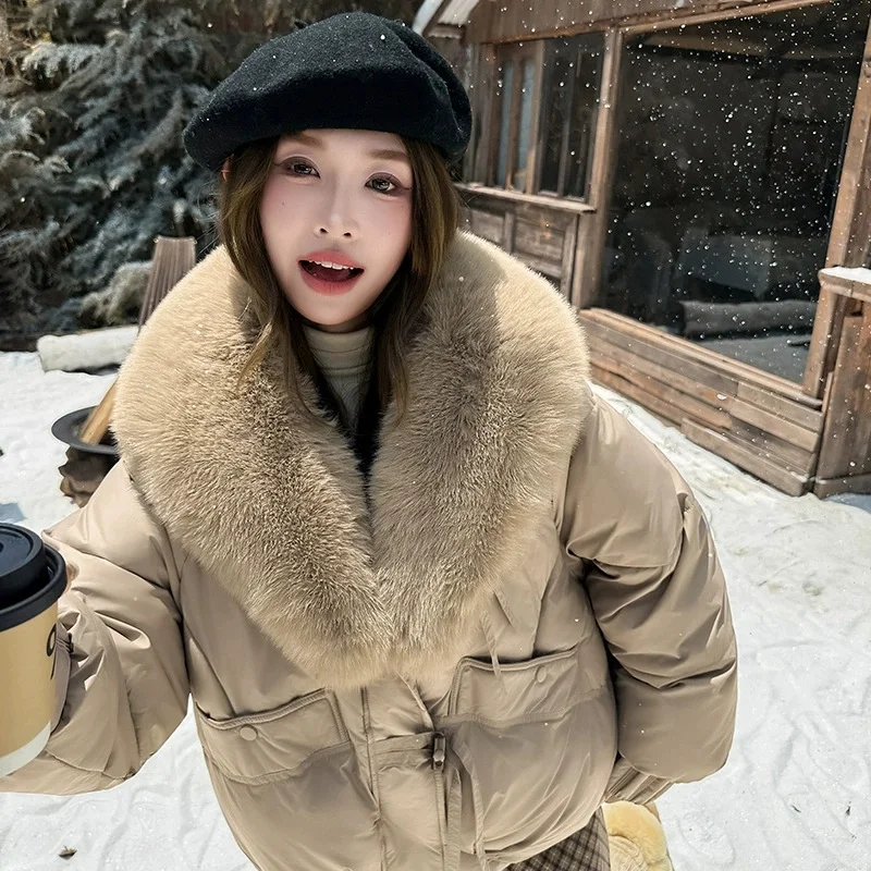 2026 Winter Women Down Cotton Coat Street Imitation Fur Collar Hooded Short Cotton Padded Jacket Female Basic Snow Warm Overcoat