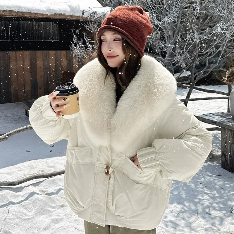 2026 Winter Women Down Cotton Coat Street Imitation Fur Collar Hooded Short Cotton Padded Jacket Female Basic Snow Warm Overcoat