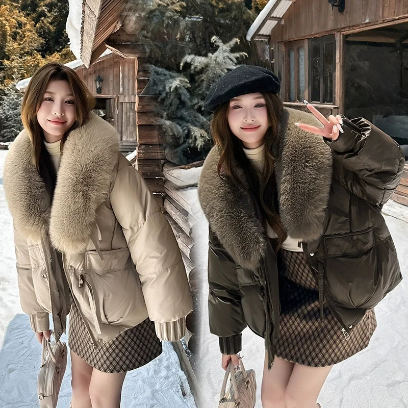 2026 Winter Women Down Cotton Coat Street Imitation Fur Collar Hooded Short Cotton Padded Jacket Female Basic Snow Warm Overcoat