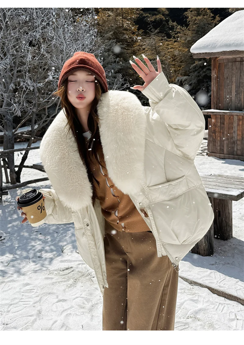 2026 Winter Women Down Cotton Coat Street Imitation Fur Collar Hooded Short Cotton Padded Jacket Female Basic Snow Warm Overcoat