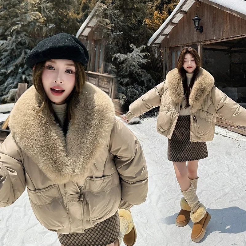 2026 Winter Women Down Cotton Coat Street Imitation Fur Collar Hooded Short Cotton Padded Jacket Female Basic Snow Warm Overcoat
