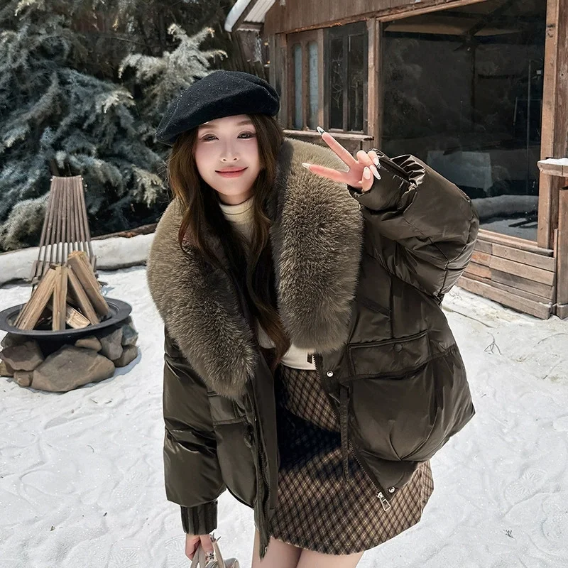 2026 Winter Women Down Cotton Coat Street Imitation Fur Collar Hooded Short Cotton Padded Jacket Female Basic Snow Warm Overcoat