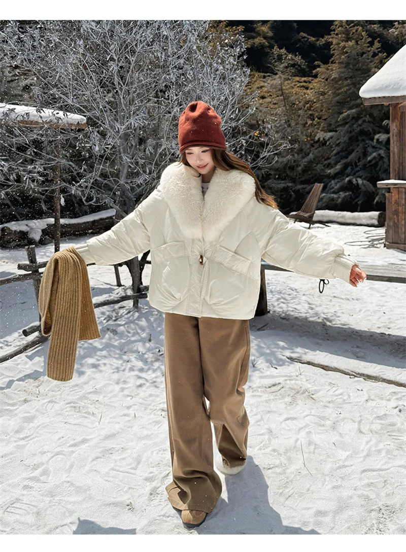 2026 Winter Women Down Cotton Coat Street Imitation Fur Collar Hooded Short Cotton Padded Jacket Female Basic Snow Warm Overcoat