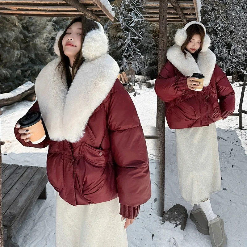 2026 Winter Women Down Cotton Coat Street Imitation Fur Collar Hooded Short Cotton Padded Jacket Female Basic Snow Warm Overcoat