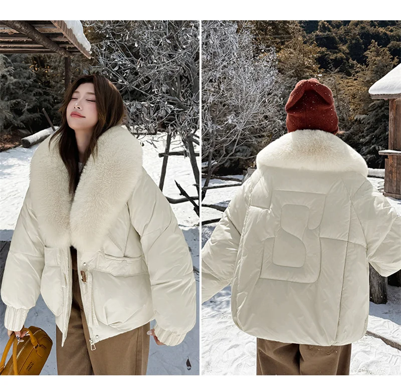 2026 Winter Women Down Cotton Coat Street Imitation Fur Collar Hooded Short Cotton Padded Jacket Female Basic Snow Warm Overcoat
