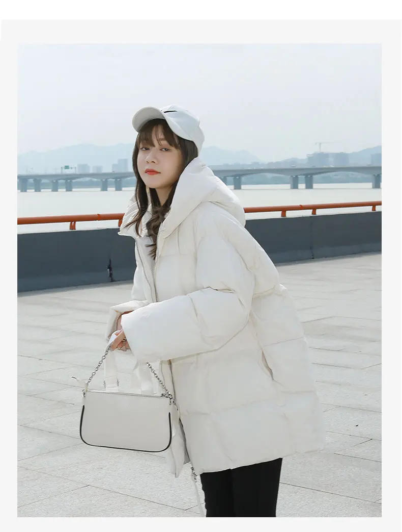Winter New Style Puffer Jackets Women White Zipper Long Down Jacket Woman Korean Loose Hooded Bubble Coats Female