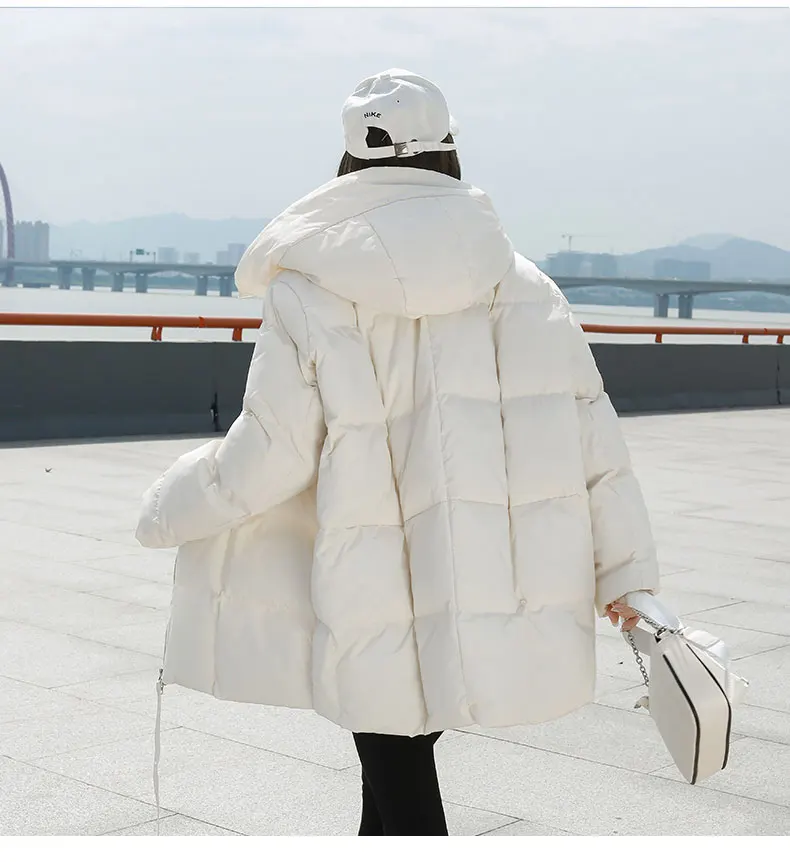 Winter New Style Puffer Jackets Women White Zipper Long Down Jacket Woman Korean Loose Hooded Bubble Coats Female