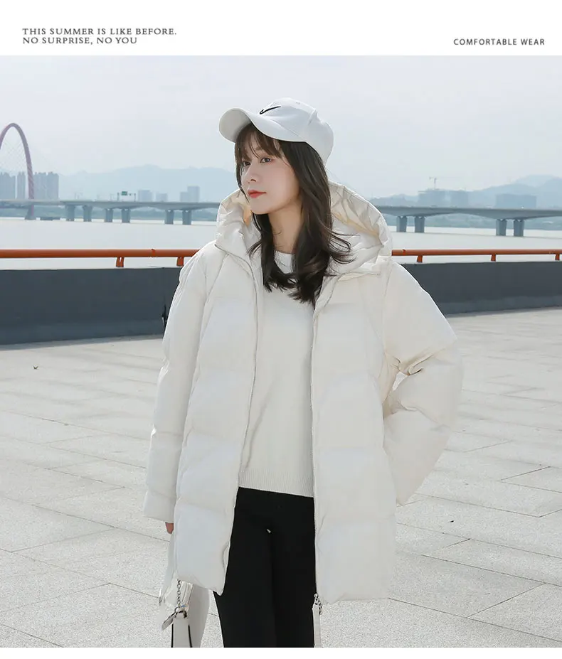 Winter New Style Puffer Jackets Women White Zipper Long Down Jacket Woman Korean Loose Hooded Bubble Coats Female