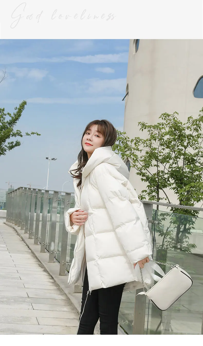 Winter New Style Puffer Jackets Women White Zipper Long Down Jacket Woman Korean Loose Hooded Bubble Coats Female