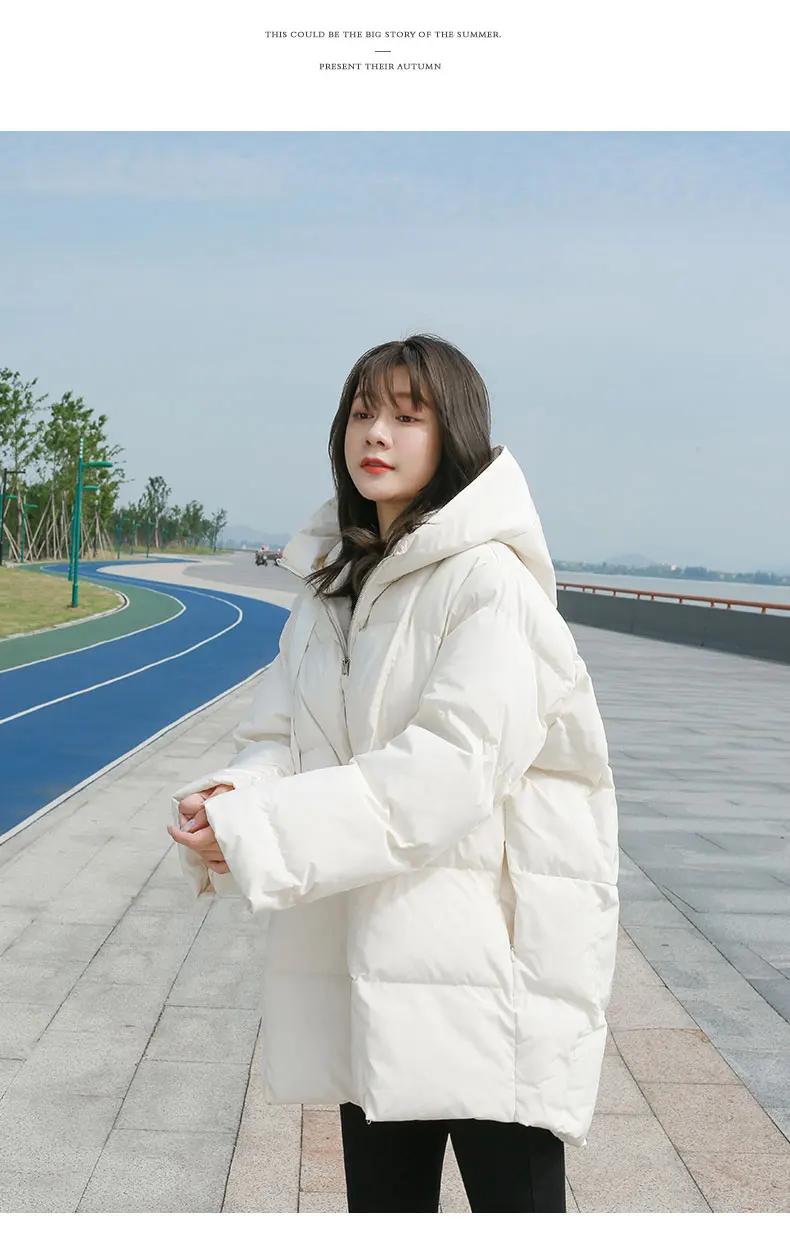 Winter New Style Puffer Jackets Women White Zipper Long Down Jacket Woman Korean Loose Hooded Bubble Coats Female