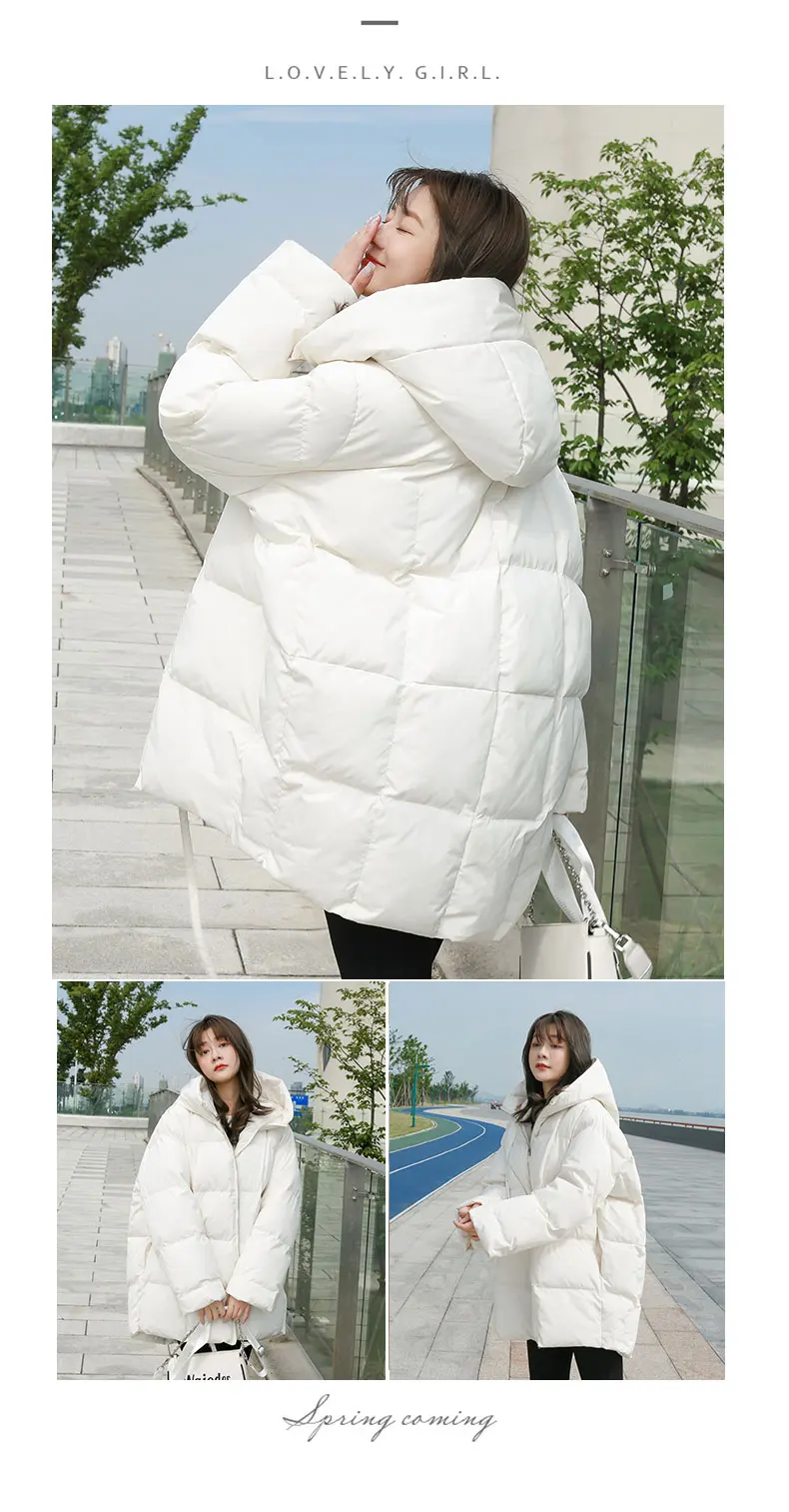 Winter New Style Puffer Jackets Women White Zipper Long Down Jacket Woman Korean Loose Hooded Bubble Coats Female