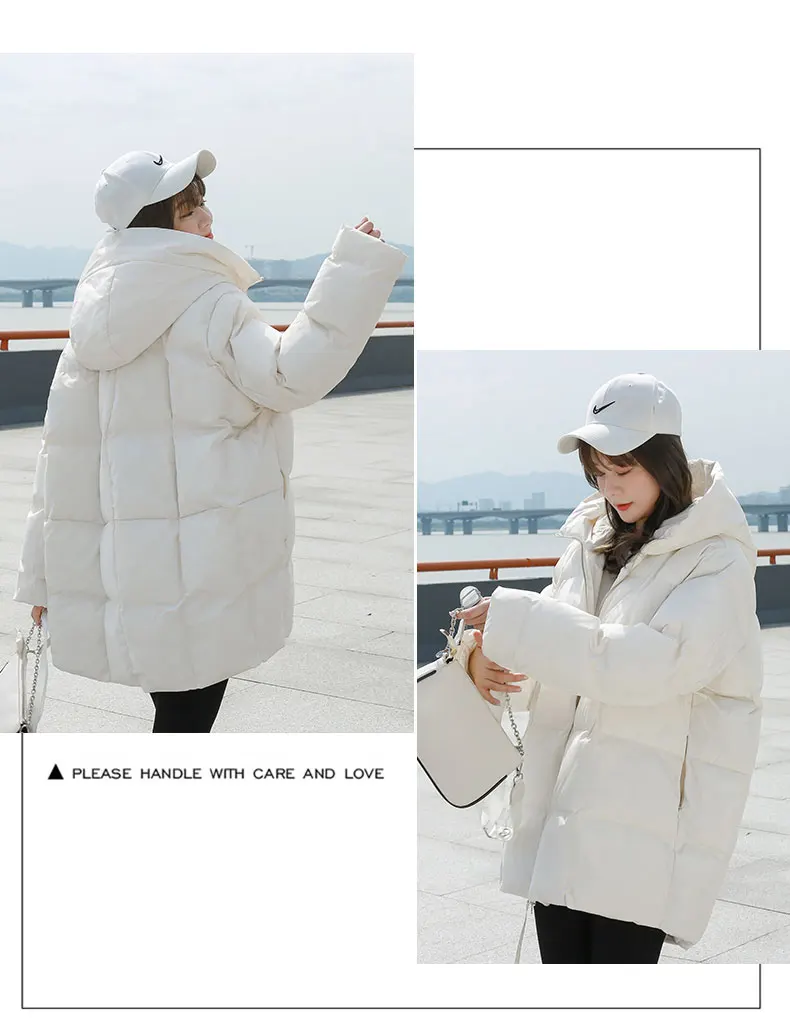 Winter New Style Puffer Jackets Women White Zipper Long Down Jacket Woman Korean Loose Hooded Bubble Coats Female
