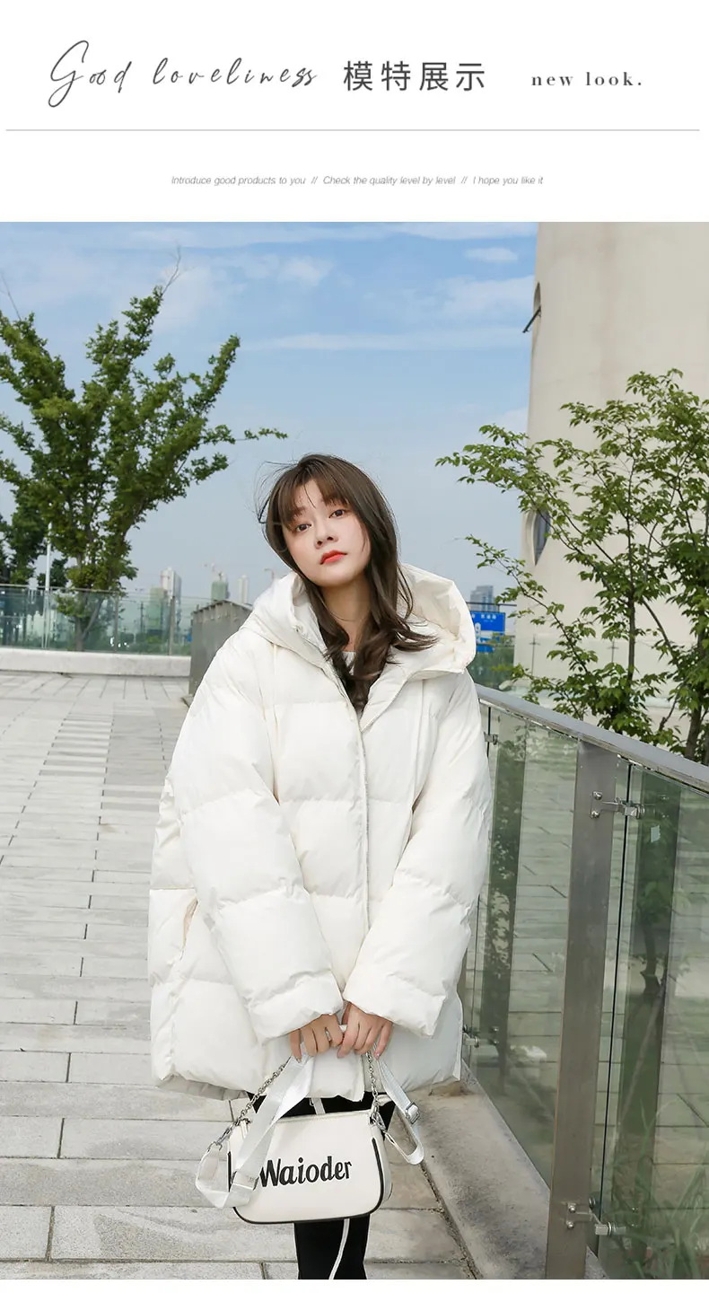 Winter New Style Puffer Jackets Women White Zipper Long Down Jacket Woman Korean Loose Hooded Bubble Coats Female