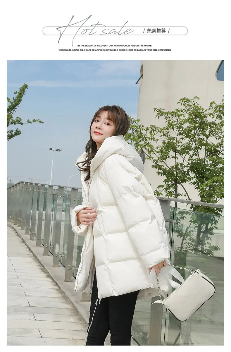 Winter New Style Puffer Jackets Women White Zipper Long Down Jacket Woman Korean Loose Hooded Bubble Coats Female