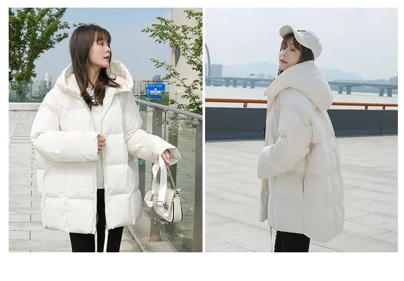 Winter New Style Puffer Jackets Women White Zipper Long Down Jacket Woman Korean Loose Hooded Bubble Coats Female