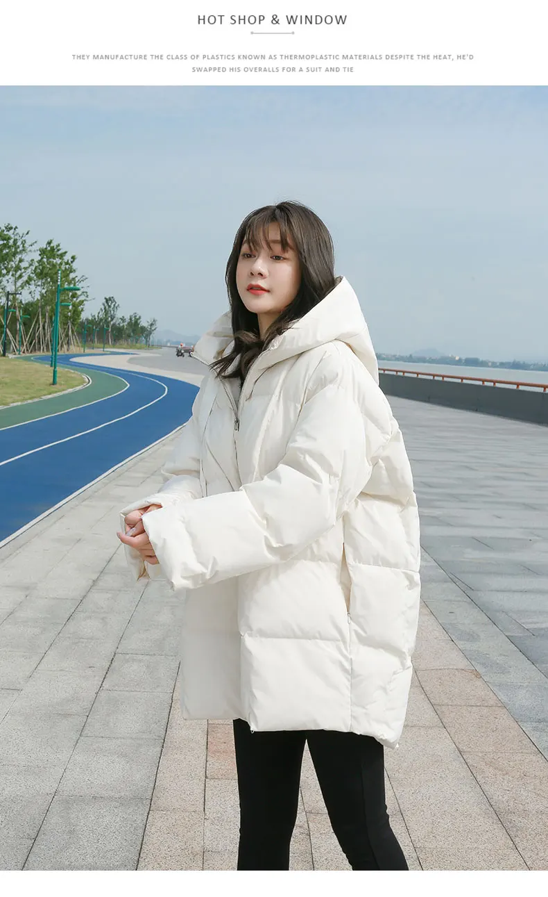 Winter New Style Puffer Jackets Women White Zipper Long Down Jacket Woman Korean Loose Hooded Bubble Coats Female