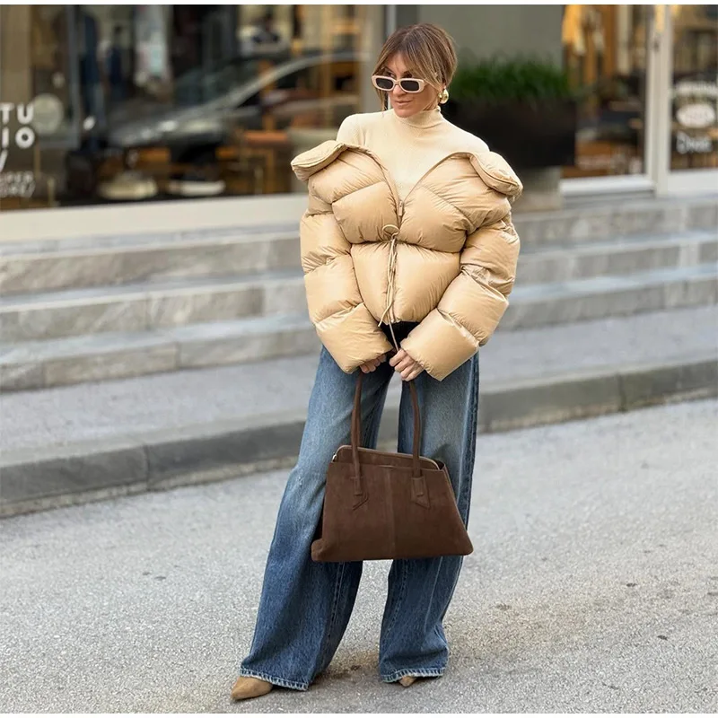 Fashion Solid Quilted Cotton Coat Women's Turtleneck Lace-up Full Sleeve Warm Jacket 2025 Autumn Winter Lady Commuter Outwear 
