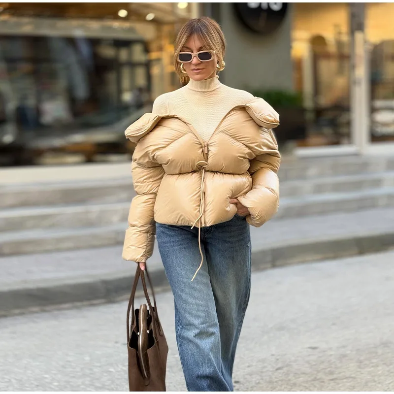 Fashion Solid Quilted Cotton Coat Women's Turtleneck Lace-up Full Sleeve Warm Jacket 2025 Autumn Winter Lady Commuter Outwear 