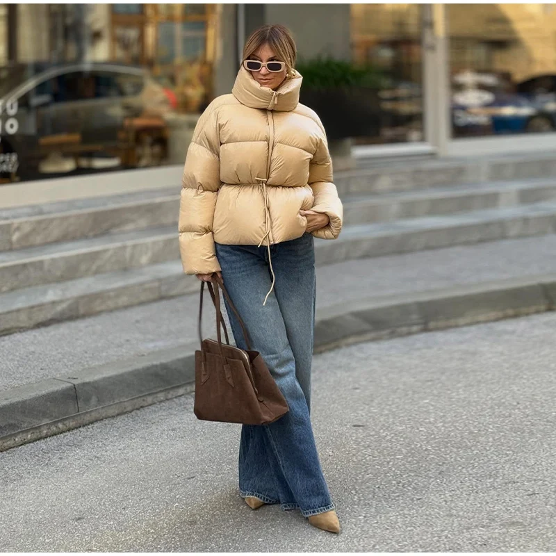 Fashion Solid Quilted Cotton Coat Women's Turtleneck Lace-up Full Sleeve Warm Jacket 2025 Autumn Winter Lady Commuter Outwear 