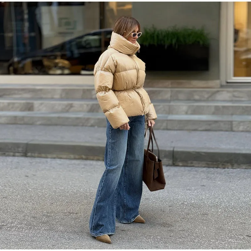 Fashion Solid Quilted Cotton Coat Women's Turtleneck Lace-up Full Sleeve Warm Jacket 2025 Autumn Winter Lady Commuter Outwear 