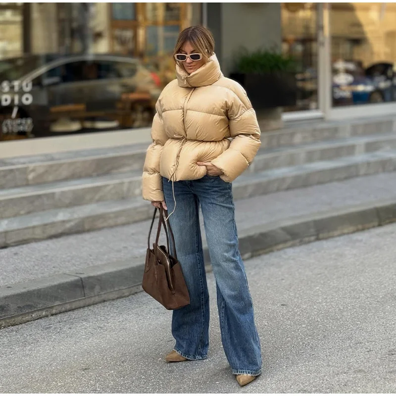 Fashion Solid Quilted Cotton Coat Women's Turtleneck Lace-up Full Sleeve Warm Jacket 2025 Autumn Winter Lady Commuter Outwear 
