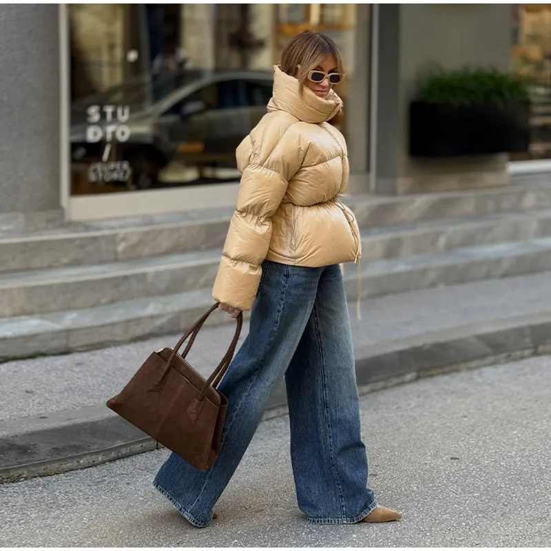 Fashion Solid Quilted Cotton Coat Women's Turtleneck Lace-up Full Sleeve Warm Jacket 2025 Autumn Winter Lady Commuter Outwear 
