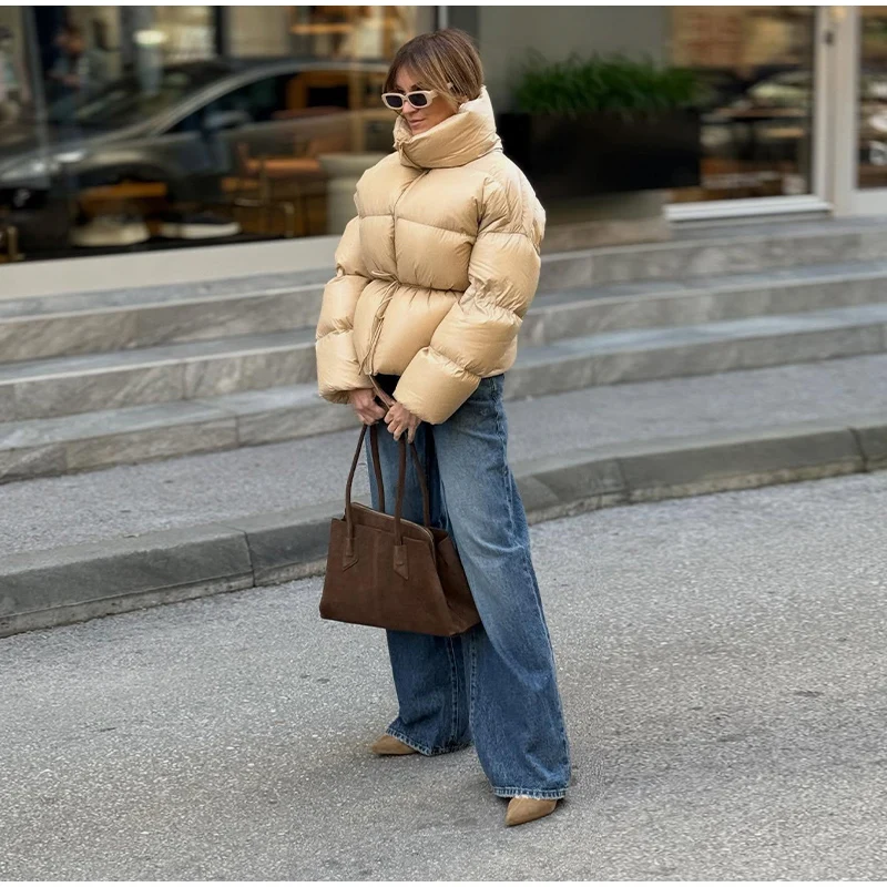 Fashion Solid Quilted Cotton Coat Women's Turtleneck Lace-up Full Sleeve Warm Jacket 2025 Autumn Winter Lady Commuter Outwear 