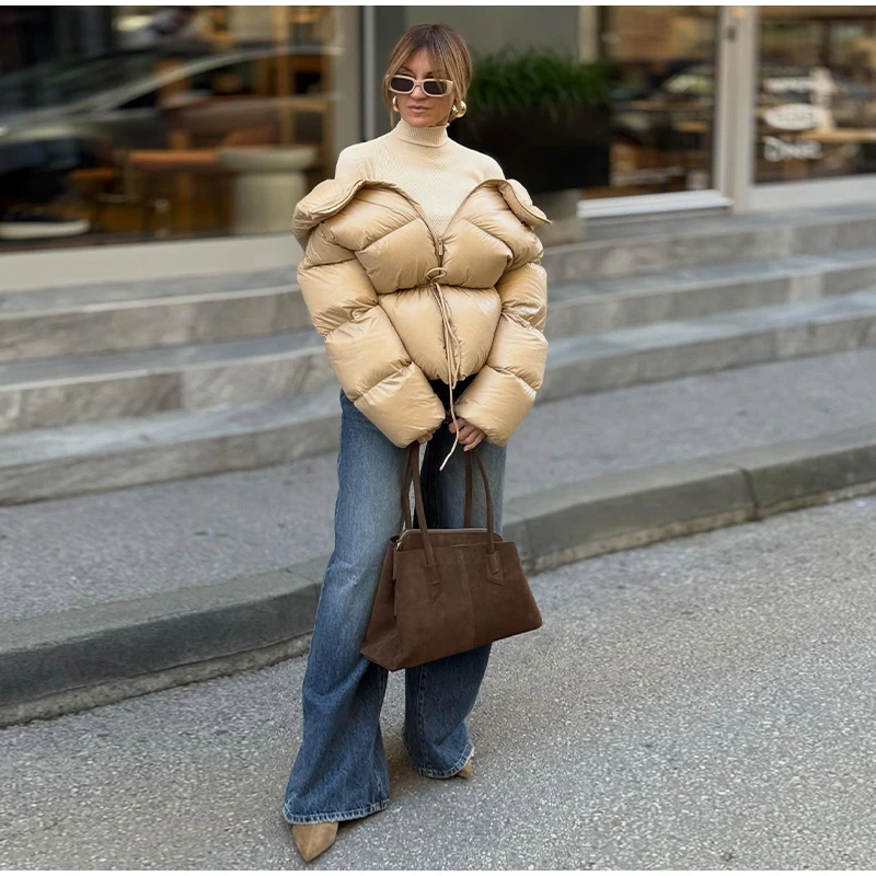 Fashion Solid Quilted Cotton Coat Women's Turtleneck Lace-up Full Sleeve Warm Jacket 2025 Autumn Winter Lady Commuter Outwear 