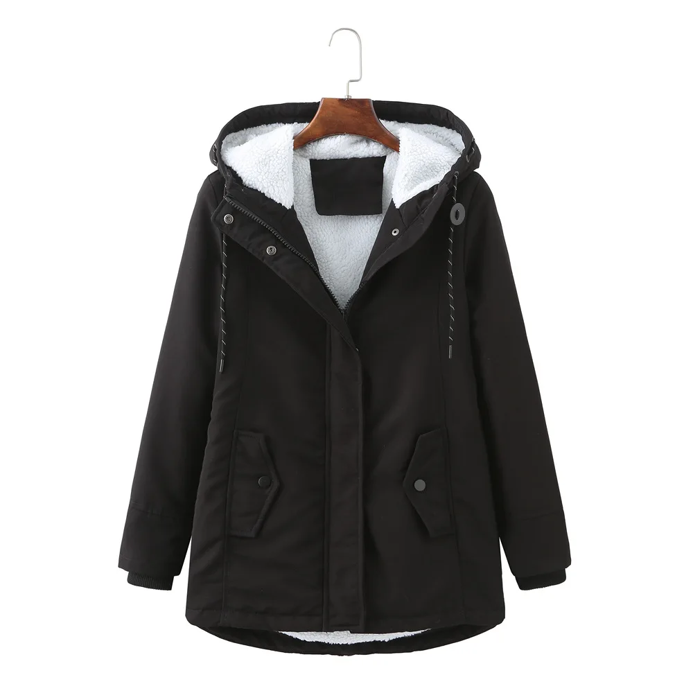 Women Parkas Lamb Wool Hoodies Coats Thick Warm Tight Waist Loose Autumn Winter Casual Jackets Winter Mid Length Parka Coat