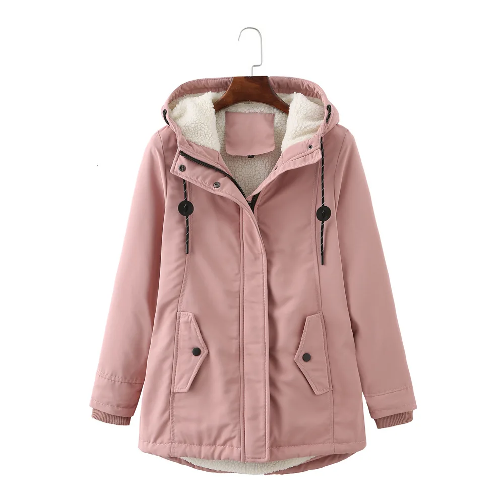 Women Parkas Lamb Wool Hoodies Coats Thick Warm Tight Waist Loose Autumn Winter Casual Jackets Winter Mid Length Parka Coat