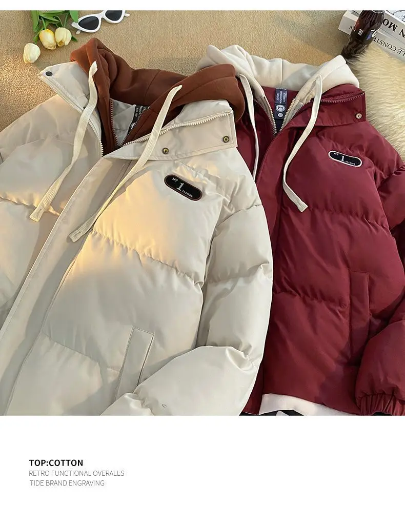 2026 Autumn winter New Fake two-piece Spliced Hooded Down cotton Jacket Women's Casual Loose Thicken Parkas Warm Cotton Coat