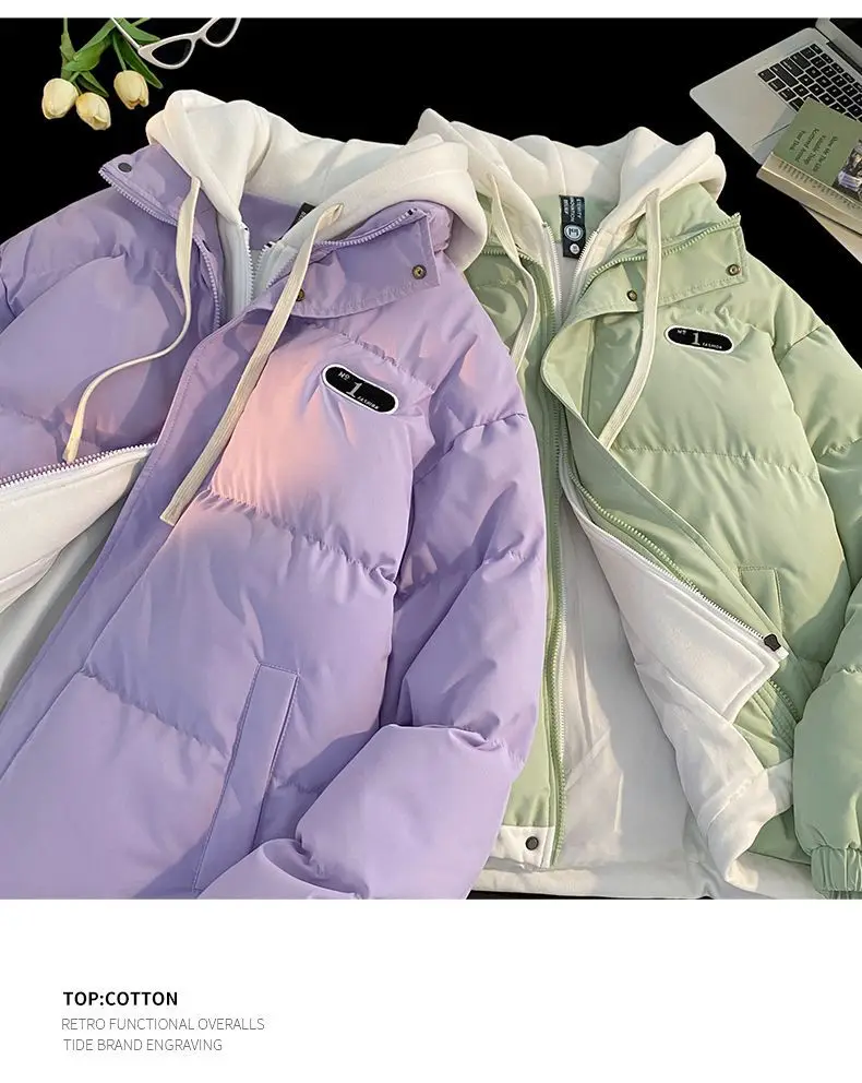 2026 Autumn winter New Fake two-piece Spliced Hooded Down cotton Jacket Women's Casual Loose Thicken Parkas Warm Cotton Coat