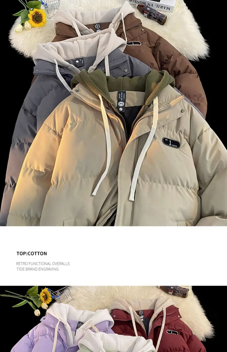 2026 Autumn winter New Fake two-piece Spliced Hooded Down cotton Jacket Women's Casual Loose Thicken Parkas Warm Cotton Coat