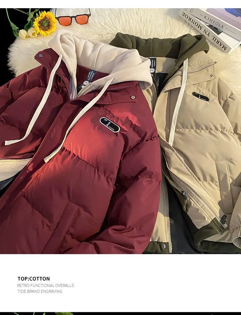 2026 Autumn winter New Fake two-piece Spliced Hooded Down cotton Jacket Women's Casual Loose Thicken Parkas Warm Cotton Coat