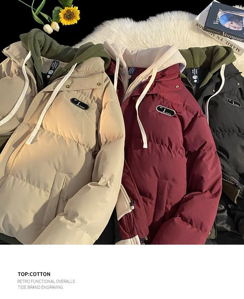 2026 Autumn winter New Fake two-piece Spliced Hooded Down cotton Jacket Women's Casual Loose Thicken Parkas Warm Cotton Coat