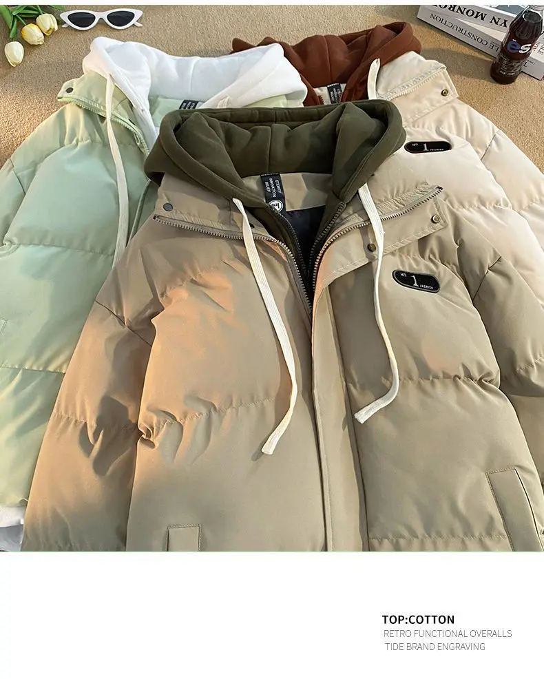 2026 Autumn winter New Fake two-piece Spliced Hooded Down cotton Jacket Women's Casual Loose Thicken Parkas Warm Cotton Coat