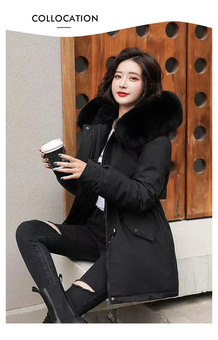 2026Winter New Korean Edition Loose Thicken Cotton Jacket Women's Big Fur Collar Hooded Coat Female Casual Warm Parker Overcoat