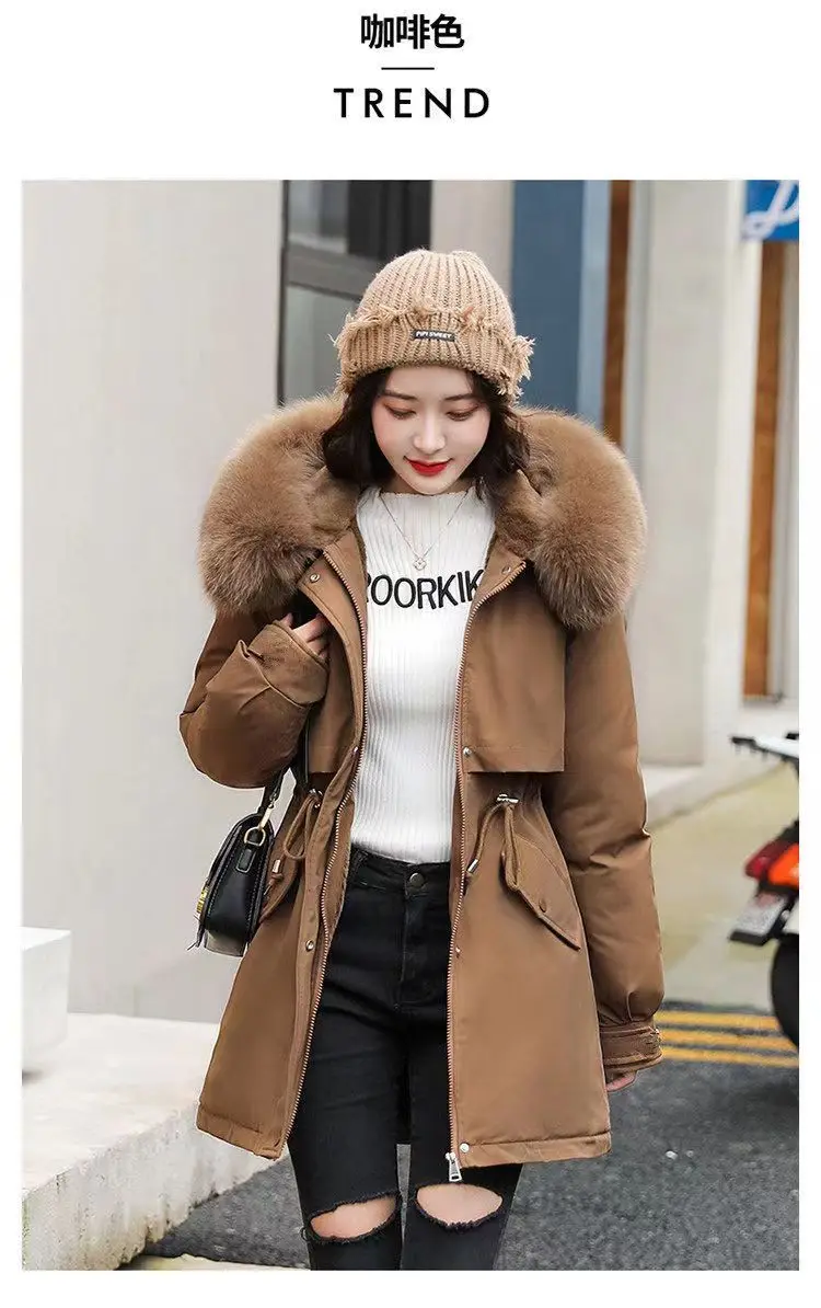 2026Winter New Korean Edition Loose Thicken Cotton Jacket Women's Big Fur Collar Hooded Coat Female Casual Warm Parker Overcoat