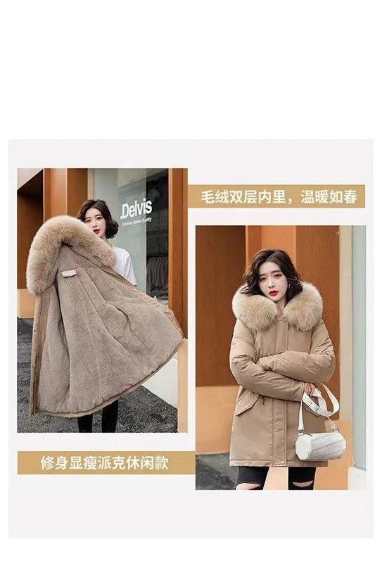 2026Winter New Korean Edition Loose Thicken Cotton Jacket Women's Big Fur Collar Hooded Coat Female Casual Warm Parker Overcoat