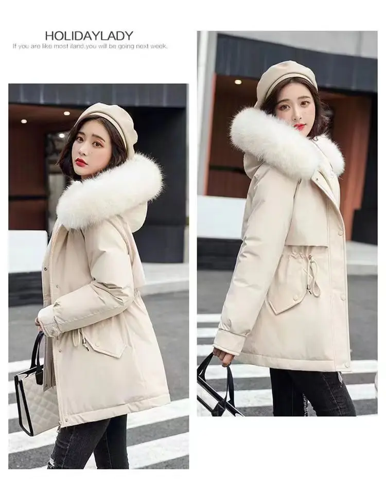 2026Winter New Korean Edition Loose Thicken Cotton Jacket Women's Big Fur Collar Hooded Coat Female Casual Warm Parker Overcoat