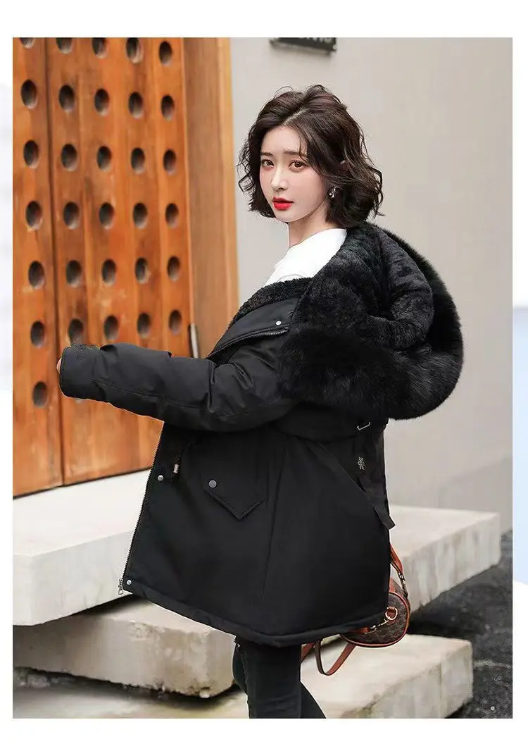 2026Winter New Korean Edition Loose Thicken Cotton Jacket Women's Big Fur Collar Hooded Coat Female Casual Warm Parker Overcoat