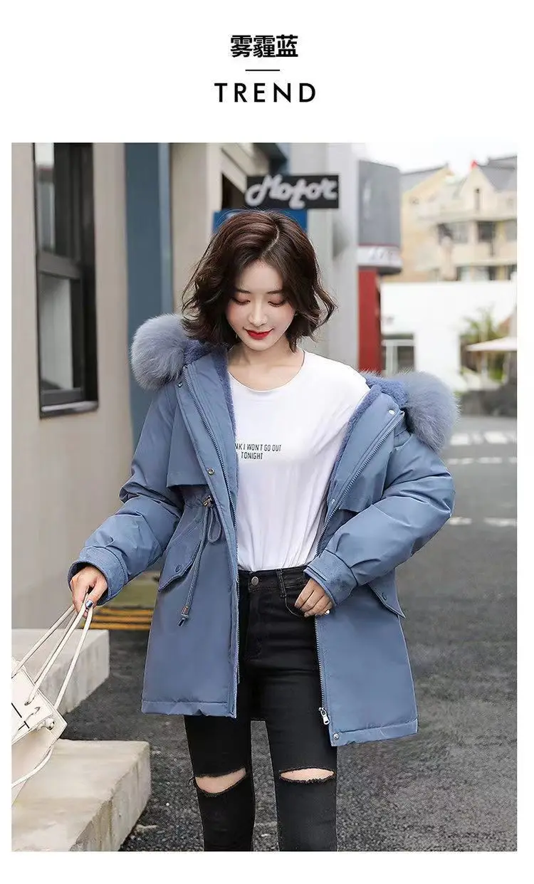 2026Winter New Korean Edition Loose Thicken Cotton Jacket Women's Big Fur Collar Hooded Coat Female Casual Warm Parker Overcoat