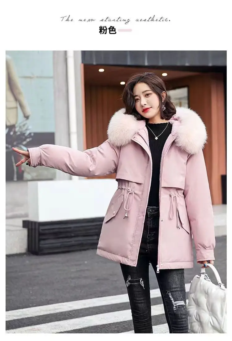2026Winter New Korean Edition Loose Thicken Cotton Jacket Women's Big Fur Collar Hooded Coat Female Casual Warm Parker Overcoat