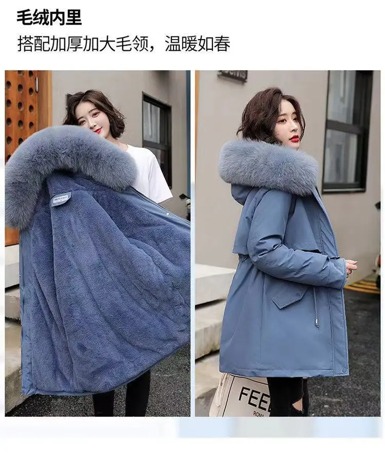 2026Winter New Korean Edition Loose Thicken Cotton Jacket Women's Big Fur Collar Hooded Coat Female Casual Warm Parker Overcoat