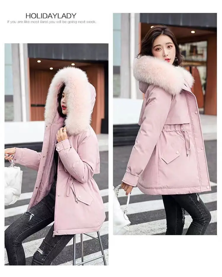 2026Winter New Korean Edition Loose Thicken Cotton Jacket Women's Big Fur Collar Hooded Coat Female Casual Warm Parker Overcoat