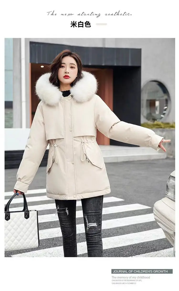 2026Winter New Korean Edition Loose Thicken Cotton Jacket Women's Big Fur Collar Hooded Coat Female Casual Warm Parker Overcoat