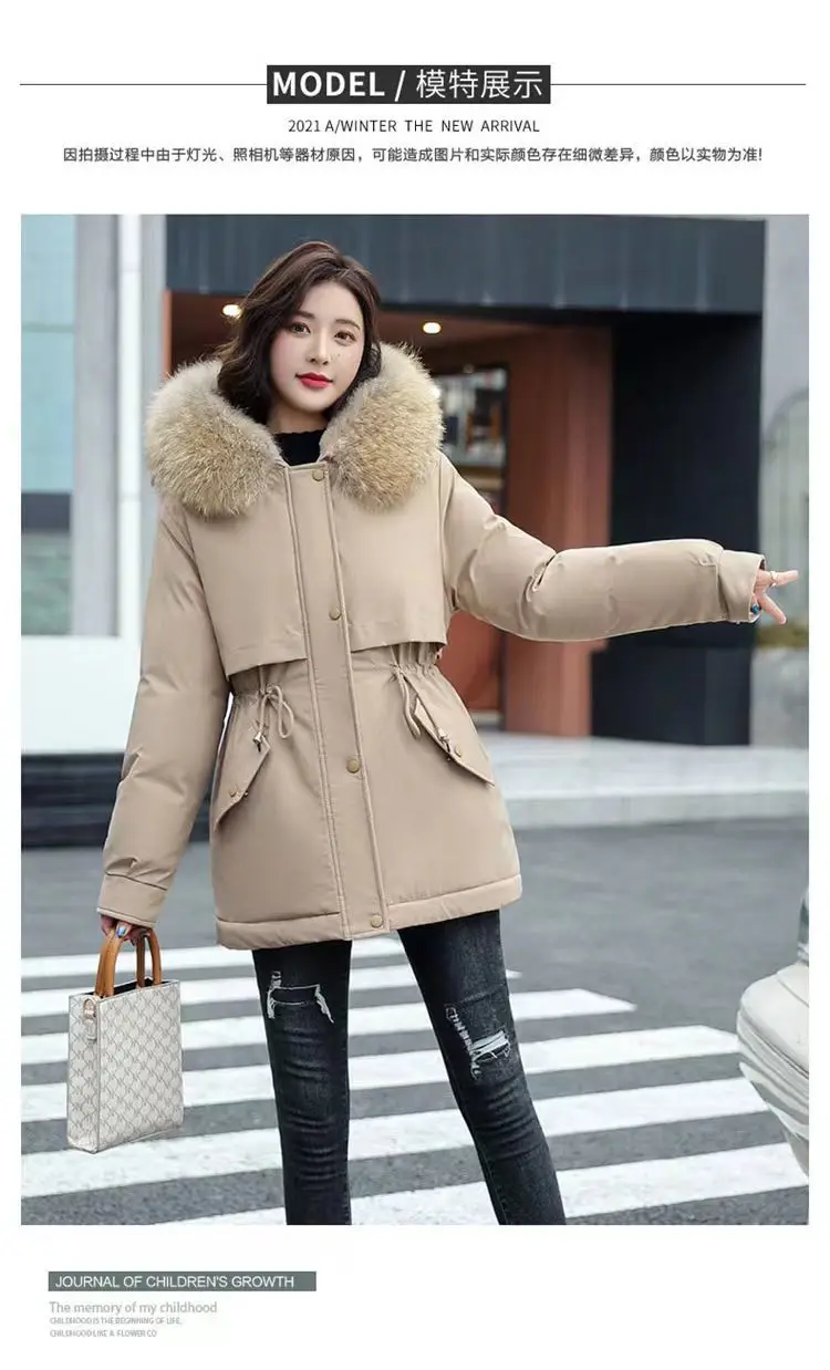 2026Winter New Korean Edition Loose Thicken Cotton Jacket Women's Big Fur Collar Hooded Coat Female Casual Warm Parker Overcoat