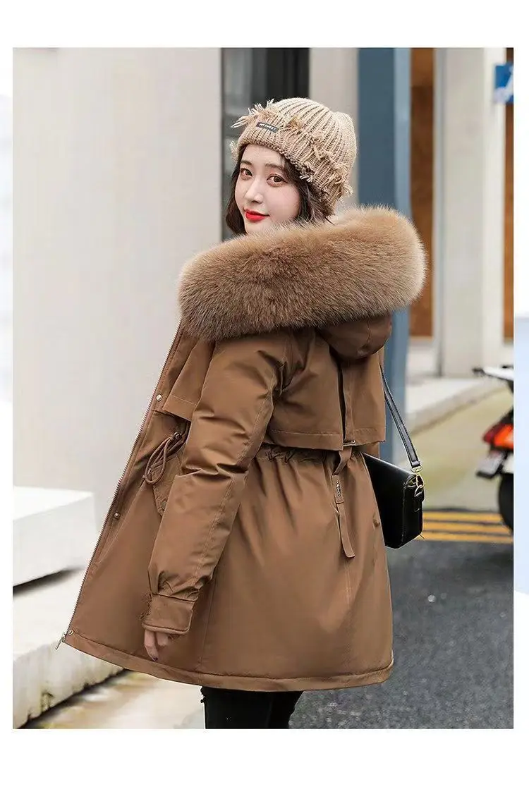 2026Winter New Korean Edition Loose Thicken Cotton Jacket Women's Big Fur Collar Hooded Coat Female Casual Warm Parker Overcoat