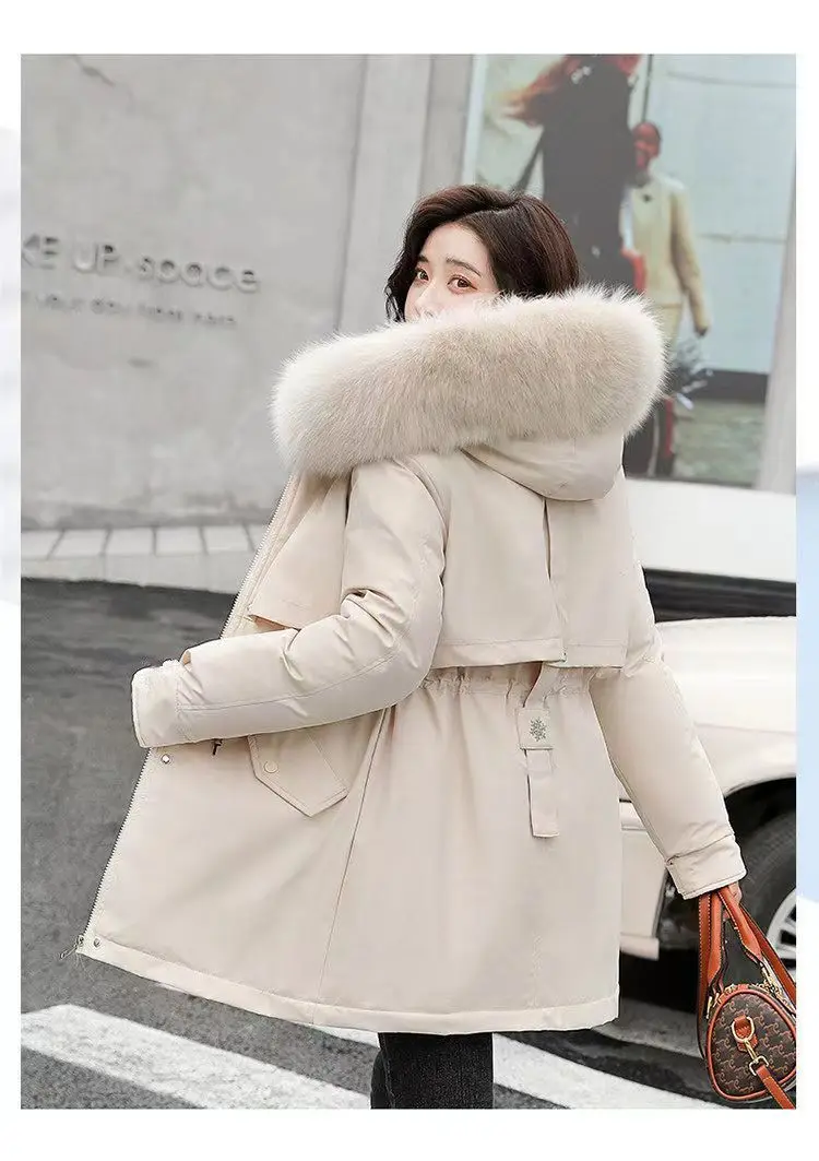 2026Winter New Korean Edition Loose Thicken Cotton Jacket Women's Big Fur Collar Hooded Coat Female Casual Warm Parker Overcoat