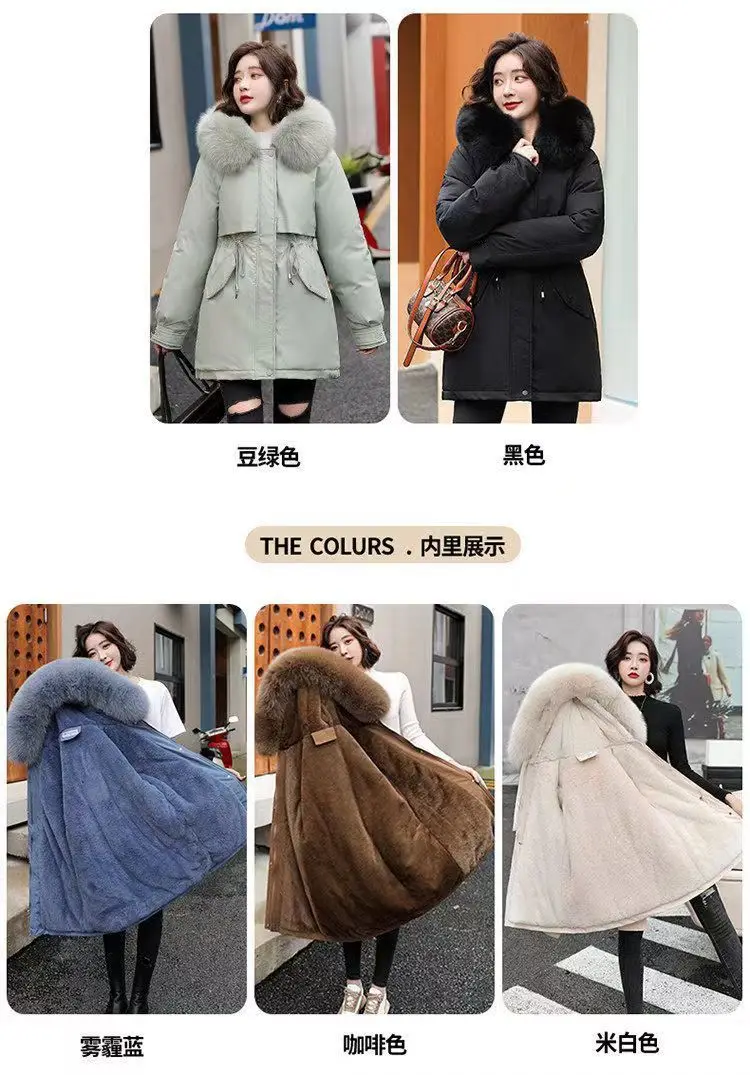2026Winter New Korean Edition Loose Thicken Cotton Jacket Women's Big Fur Collar Hooded Coat Female Casual Warm Parker Overcoat